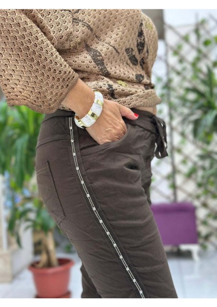 NC50208A İtalyan Yanlar Taşlı Coton Pantolon Kahverengi