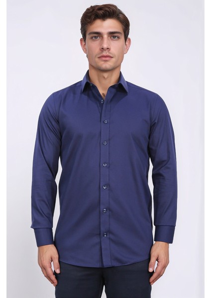 Slim Fit Saten Italyan Yaka Lacivert Gömlek fiyatları