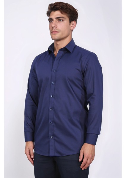Slim Fit Saten Italyan Yaka Lacivert Gömlek modelleri