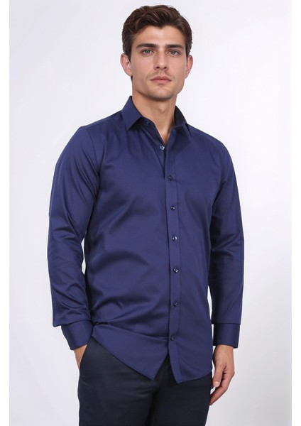 Slim Fit Saten Italyan Yaka Lacivert Gömlek fırsatları