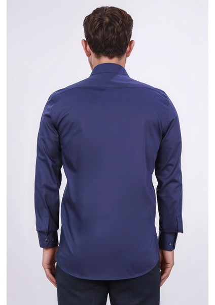 Slim Fit Saten Italyan Yaka Lacivert Gömlek indirimleri