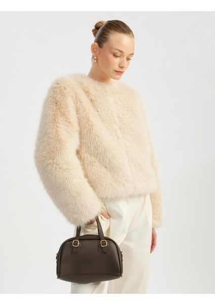 Suni Deri Fermuarlı Saplı Askılı Metal Aksesuarlı Omuz Çantası