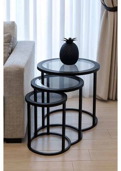 3'lü Yuvarlak C Zigon Sehpa Siyah Metal Ayak Füme Cam