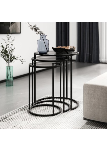 3'lü Yuvarlak C Zigon Sehpa Siyah Metal Ayak Füme Cam fiyatları