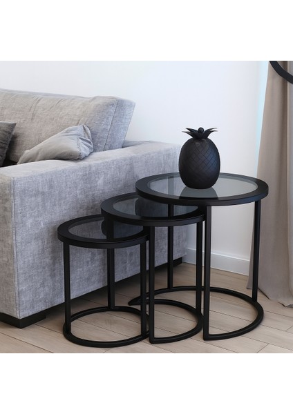 3'lü Yuvarlak C Zigon Sehpa Siyah Metal Ayak Füme Cam modelleri