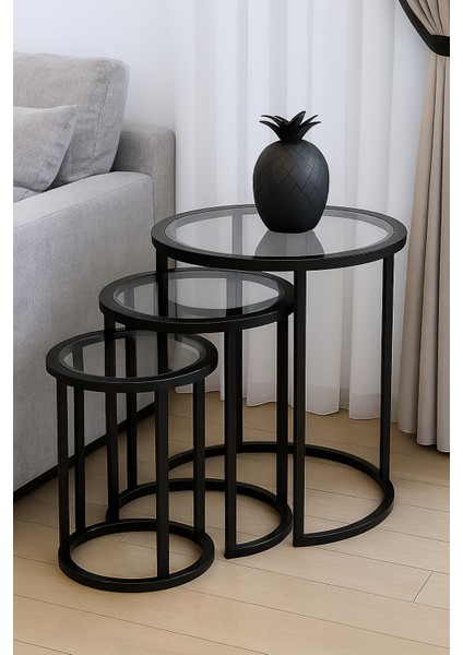 3'lü Yuvarlak C Zigon Sehpa Siyah Metal Ayak Füme Cam fırsatları