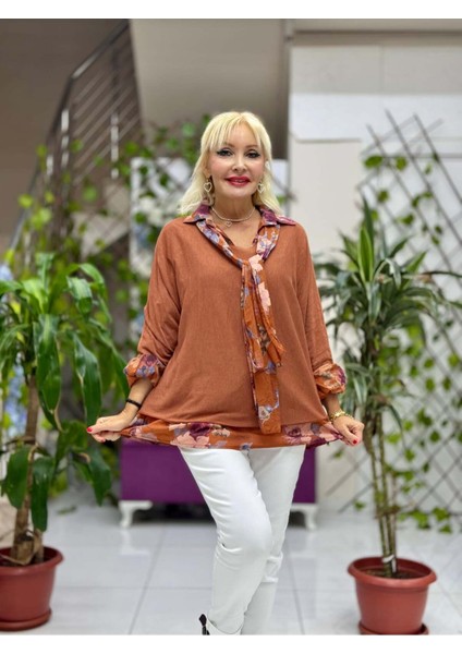 NC23091 İtalyan Fular Gömlek Triko Bluz Üçlü Takım Kiremit