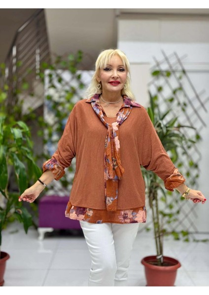 NC23091 İtalyan Fular Gömlek Triko Bluz Üçlü Takım Kiremit fiyatları