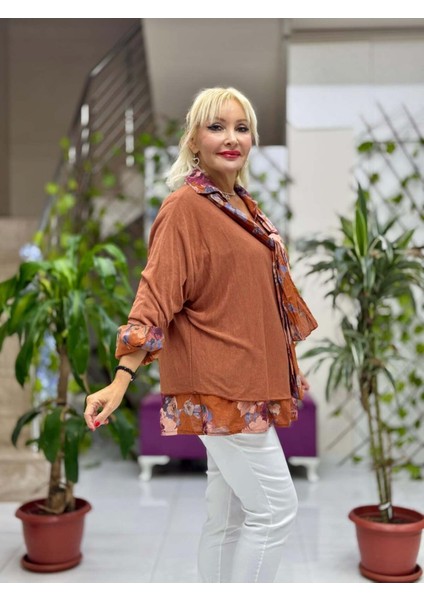 NC23091 İtalyan Fular Gömlek Triko Bluz Üçlü Takım Kiremit indirimleri