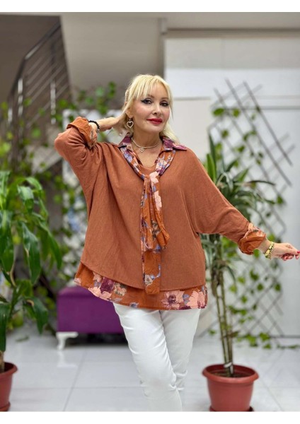 NC23091 İtalyan Fular Gömlek Triko Bluz Üçlü Takım Kiremit