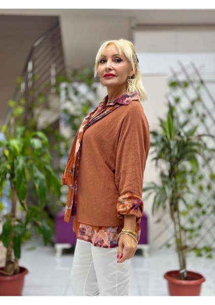 NC23091 İtalyan Fular Gömlek Triko Bluz Üçlü Takım Kiremit