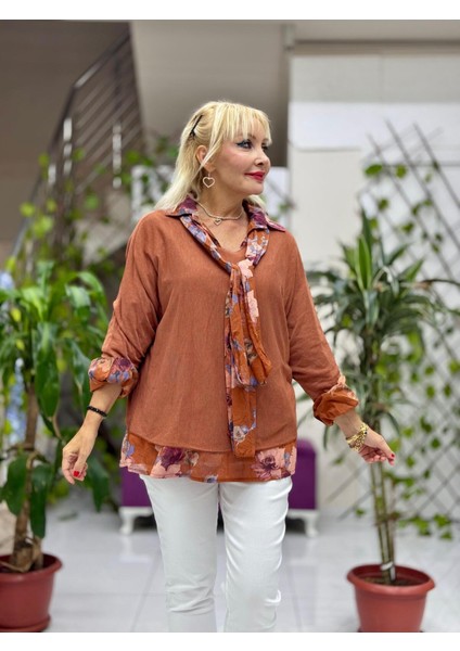 NC23091 İtalyan Fular Gömlek Triko Bluz Üçlü Takım Kiremit