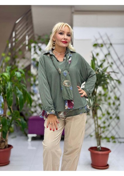NC23091 İtalyan Fular Gömlek Triko Bluz Üçlü Takım Haki modelleri