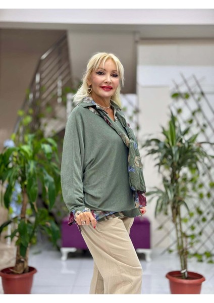 NC23091 İtalyan Fular Gömlek Triko Bluz Üçlü Takım Haki