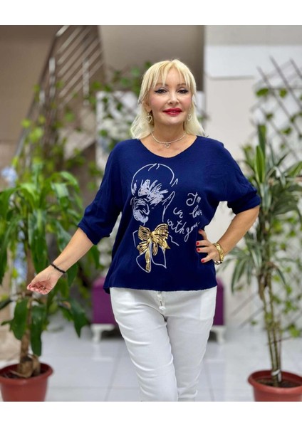 YG5810 Baskılı Italyan Triko Bluz Lacivert fırsatları