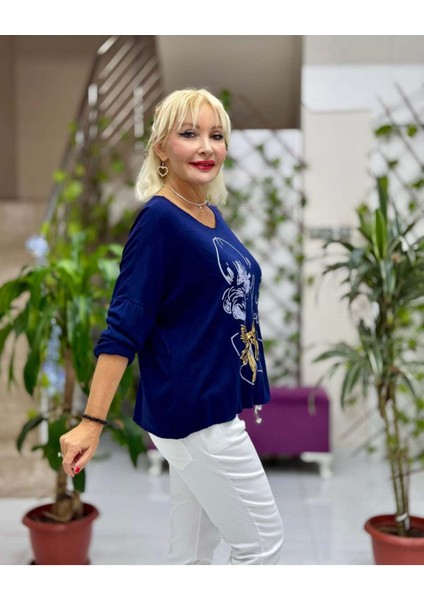 YG5810 Baskılı Italyan Triko Bluz Lacivert