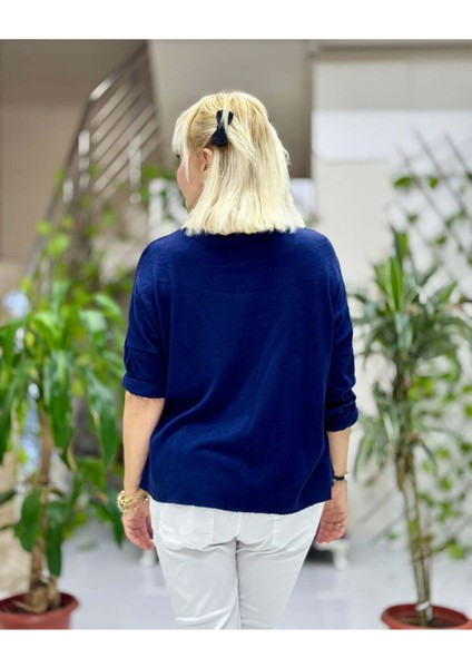 YG5810 Baskılı Italyan Triko Bluz Lacivert