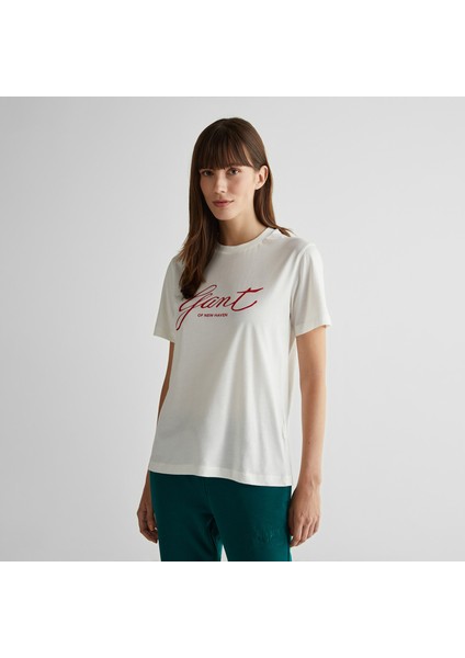 Kadın Krem Regular Fit Bisiklet Yaka Logolu T-Shirt