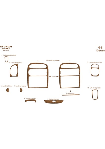 Hyundai Starex Konsol-Torpido Kaplama 2001-2007 11 Parça Açık Meşe