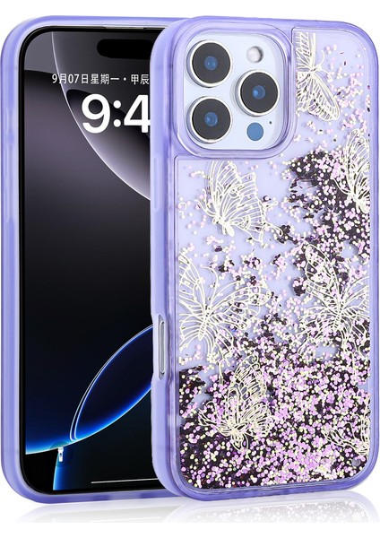 iPhone 15 Pro Max Uyumlu Kılıf Sıvılı Simli Kelebek Baskılı Şeffaf Arka Yüzey Senk Glis Silikon Kapa