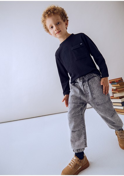 Erkek Çocuk Jogger Denim Pantolon – Gri (4-10 Yaş) | Lastikli Bel ve Paça, Cepli, Rahat Kesim