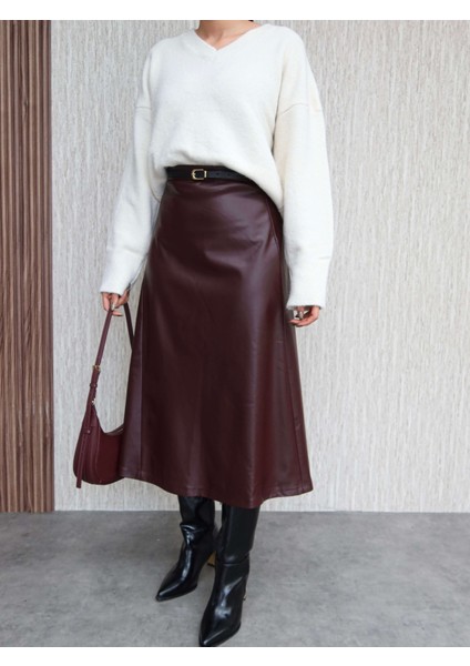 Kemerli Midi Deri Etek