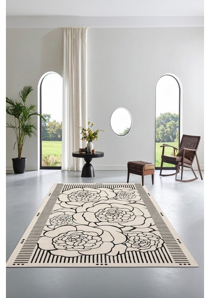 Zeminde Çizgisel Bahar Siyah Beyaz Çiçekli Kaymaz Taban Halı fiyatları