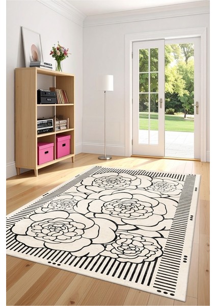 Zeminde Çizgisel Bahar Siyah Beyaz Çiçekli Kaymaz Taban Halı modelleri