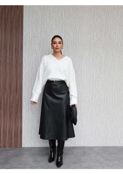 Kemerli Midi Deri Etek