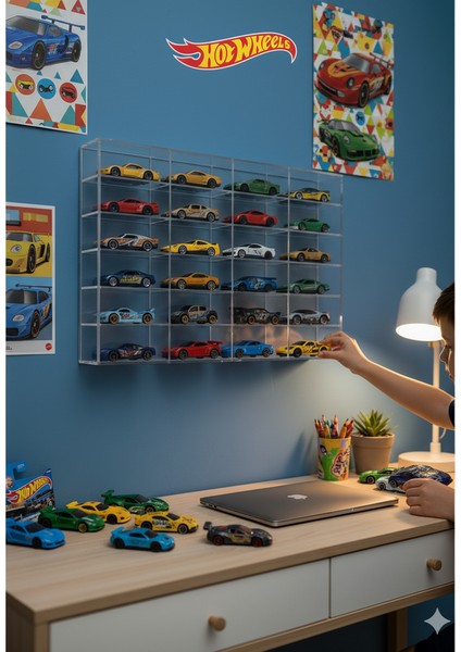 20’li Şeffaf Kapaklı Pleksi Raf - 1/64 Hot wheels Diecast Model Araba Koleksiyon Sergileme Kutusu