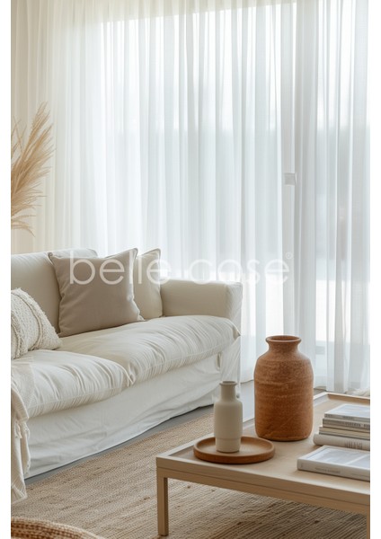 Keten Görünümlü Pileli Tül Perde Beyaz (1x2 Geniş Pile)