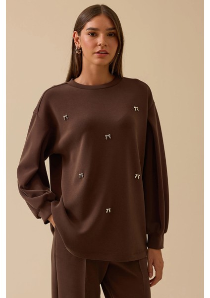 Kadın Aksesuar Detaylı Bol Kol Sweatshirt 0002 Kahverengi fiyatları