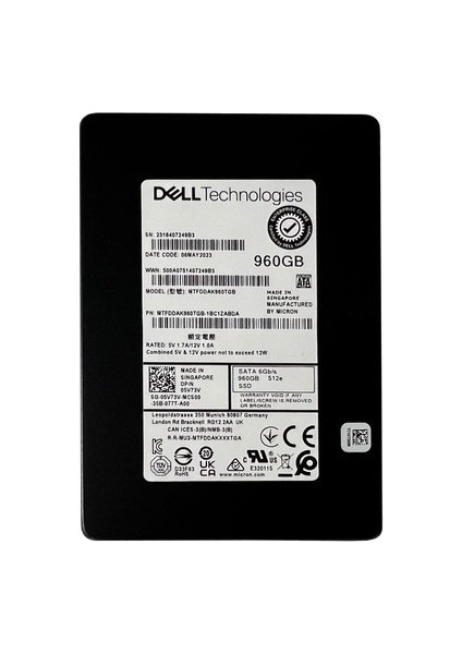 Dell 2.5 5V73V 960GB Sata Iıı 6.0 Gpbs Server SSD MTFDDAK960TGB-1BC1ZABDA