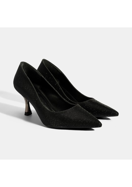 Kadın Siyah Simli Topuklu Abiye Ayakkabı