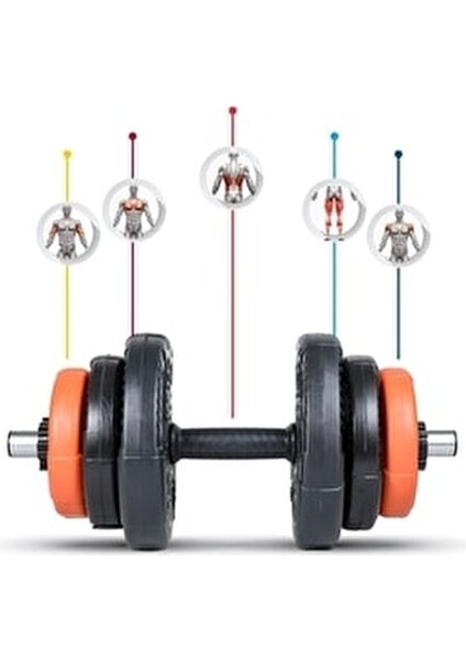 Multifonksiyonel Halter Seti 17 kg Turuncu Siyah Krom Düz Bar ve Plakalarla