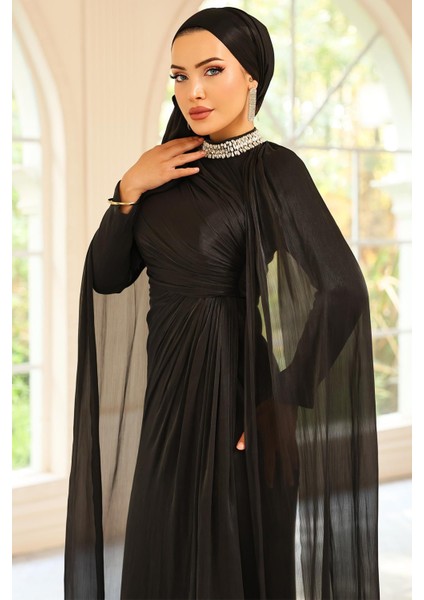 Yakası Taşlı Pelerin Detaylı Yoryo Ipek Tesettür Abiye Elbise Siyah 1247 fiyatları