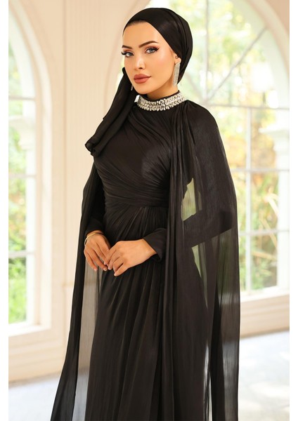 Yakası Taşlı Pelerin Detaylı Yoryo Ipek Tesettür Abiye Elbise Siyah 1247 fırsatları