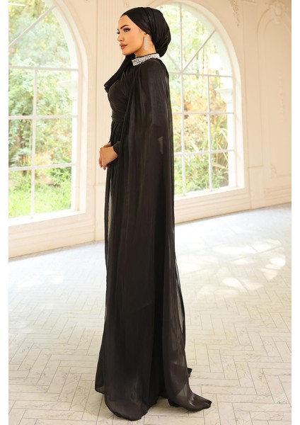 Yakası Taşlı Pelerin Detaylı Yoryo Ipek Tesettür Abiye Elbise Siyah 1247 indirimleri