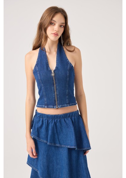 Boyundan Askılı Kaela Jean Yelek Mavi
