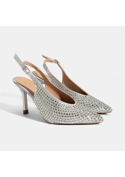Kadın Gümüş Ayarlanabilir Metal Tokalı Taşlı Abiye Ayakkabı