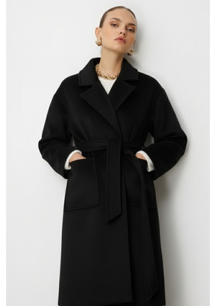 Yünlü Kaşe Doku Torba Cepli Basic Siyah Kaban modelleri