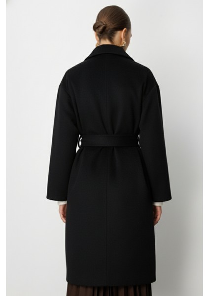 Yünlü Kaşe Doku Torba Cepli Basic Siyah Kaban indirimleri