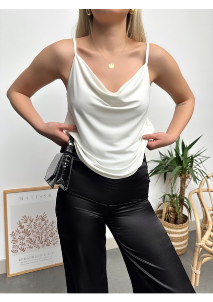 Kadın Beyaz Ip Askılı Degaje Yaka Luxury Bluz