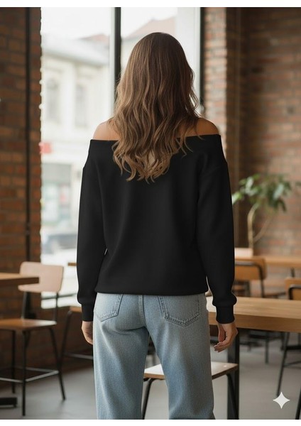 Siyah Kadın Oversize Dudak Baskılı Sweatshirt -Kayık Yaka 3 Iplik Kumaş, Off Shoulder, Rahat Günlük Sweat modelleri