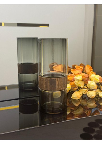 Ahşap Detaylı Cam Vazo 30/12 Cm