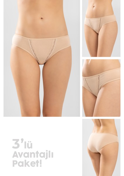 Kadın Zikzak Işlemeli Külot 3'lü Set 8046 Ten Rengi