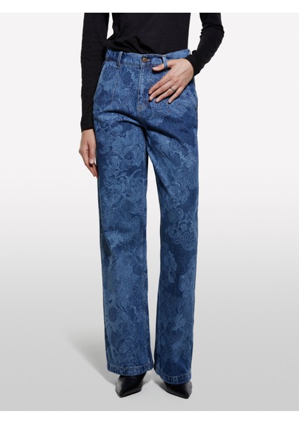 %100 Pamuk Baskılı Normal Bel Relaxed Fit Denim Pantolon Kadın Haki Yeşili Pantolon - 325A4W9KLF07L