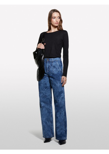 %100 Pamuk Baskılı Normal Bel Relaxed Fit Denim Pantolon Kadın Haki Yeşili Pantolon - 325A4W9KLF07L modelleri