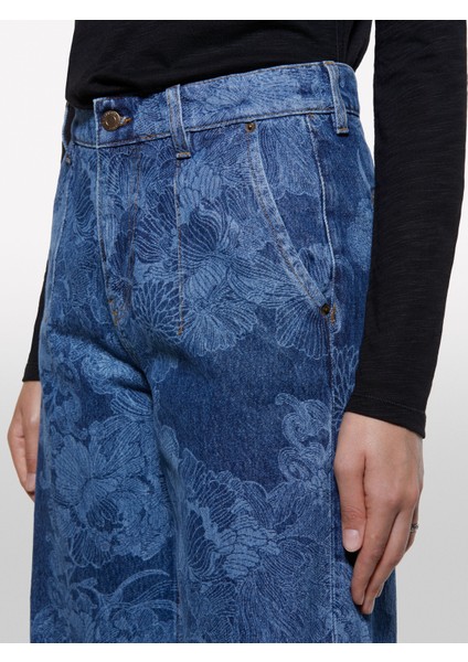 %100 Pamuk Baskılı Normal Bel Relaxed Fit Denim Pantolon Kadın Haki Yeşili Pantolon - 325A4W9KLF07L fırsatları