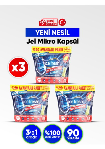 Ice Fresh 3'Lü Bulaşık Makinesi Deterjanı Jel Mikro Kapsül – 90 Yıkama | Hepsi Bir Arada | Kalıntı Bırakmaz Formül